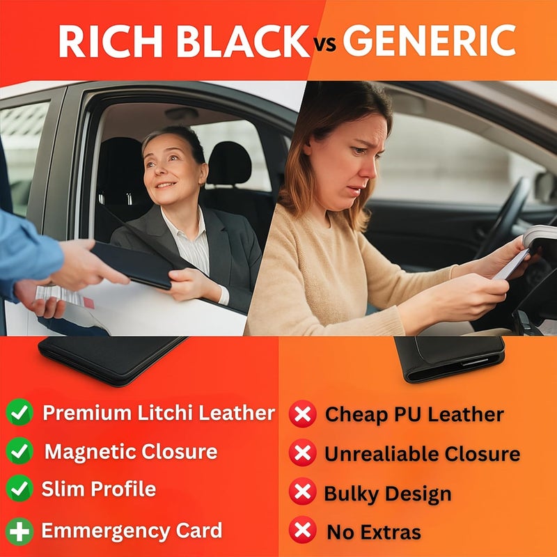 MOTO4X Premium Leather with Magnetic Shut Car Registration and Insurance Card Holder, Glove Box Organizer for License, Cards & Documents, a Car Wallet for All Vehicle Needs and Car Accessories: Black - Image 2